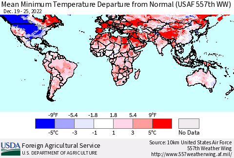 World Mean Minimum Temperature Departure from Normal (USAF 557th WW) Thematic Map For 12/19/2022 - 12/25/2022