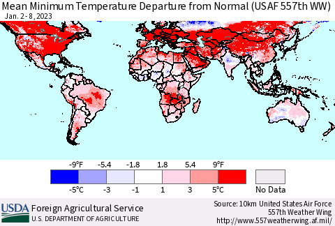 World Mean Minimum Temperature Departure from Normal (USAF 557th WW) Thematic Map For 1/2/2023 - 1/8/2023