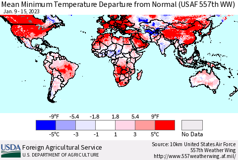 World Mean Minimum Temperature Departure from Normal (USAF 557th WW) Thematic Map For 1/9/2023 - 1/15/2023