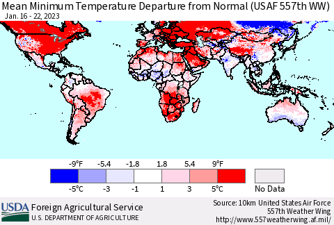 World Mean Minimum Temperature Departure from Normal (USAF 557th WW) Thematic Map For 1/16/2023 - 1/22/2023