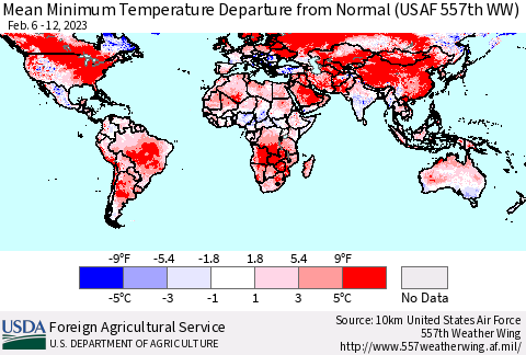 World Mean Minimum Temperature Departure from Normal (USAF 557th WW) Thematic Map For 2/6/2023 - 2/12/2023