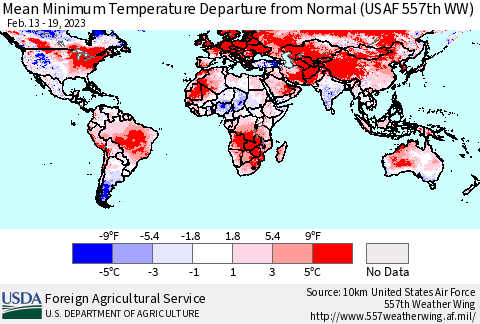 World Mean Minimum Temperature Departure from Normal (USAF 557th WW) Thematic Map For 2/13/2023 - 2/19/2023