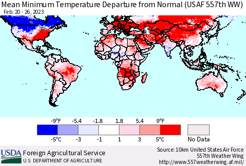 World Mean Minimum Temperature Departure from Normal (USAF 557th WW) Thematic Map For 2/20/2023 - 2/26/2023