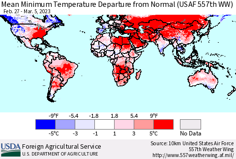 World Mean Minimum Temperature Departure from Normal (USAF 557th WW) Thematic Map For 2/27/2023 - 3/5/2023