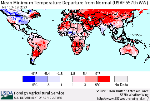 World Mean Minimum Temperature Departure from Normal (USAF 557th WW) Thematic Map For 3/13/2023 - 3/19/2023