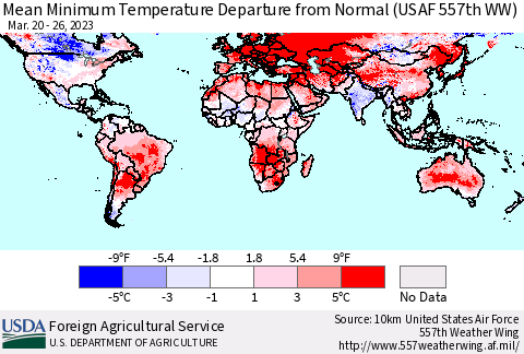 World Mean Minimum Temperature Departure from Normal (USAF 557th WW) Thematic Map For 3/20/2023 - 3/26/2023