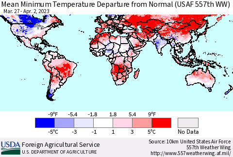 World Mean Minimum Temperature Departure from Normal (USAF 557th WW) Thematic Map For 3/27/2023 - 4/2/2023