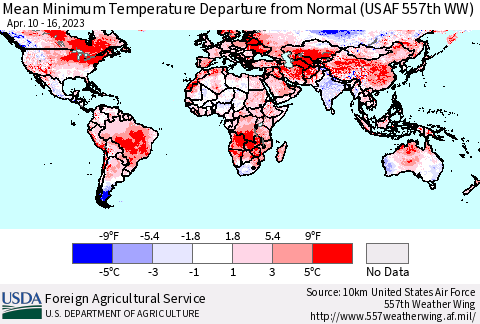 World Mean Minimum Temperature Departure from Normal (USAF 557th WW) Thematic Map For 4/10/2023 - 4/16/2023