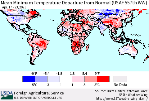 World Mean Minimum Temperature Departure from Normal (USAF 557th WW) Thematic Map For 4/17/2023 - 4/23/2023