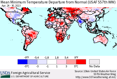 World Mean Minimum Temperature Departure from Normal (USAF 557th WW) Thematic Map For 4/24/2023 - 4/30/2023