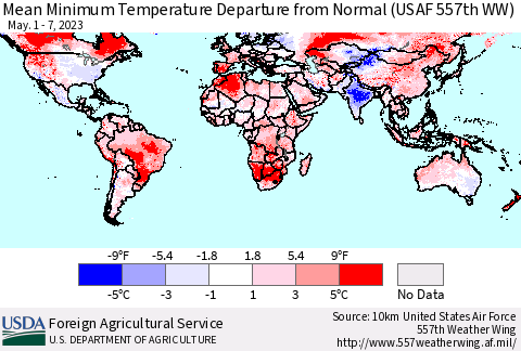 World Mean Minimum Temperature Departure from Normal (USAF 557th WW) Thematic Map For 5/1/2023 - 5/7/2023