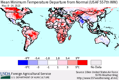 World Mean Minimum Temperature Departure from Normal (USAF 557th WW) Thematic Map For 5/8/2023 - 5/14/2023