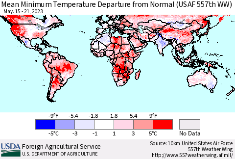 World Mean Minimum Temperature Departure from Normal (USAF 557th WW) Thematic Map For 5/15/2023 - 5/21/2023