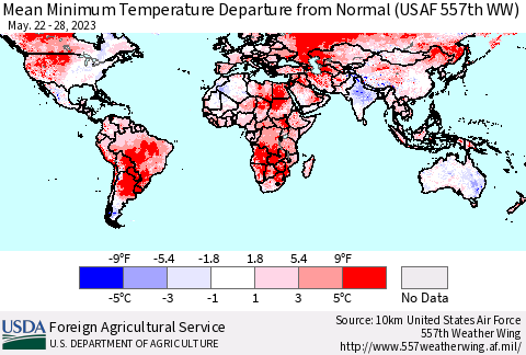 World Mean Minimum Temperature Departure from Normal (USAF 557th WW) Thematic Map For 5/22/2023 - 5/28/2023
