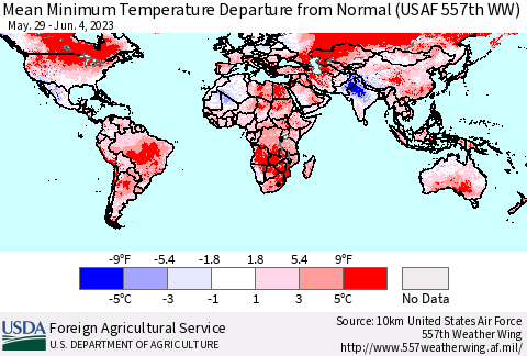 World Mean Minimum Temperature Departure from Normal (USAF 557th WW) Thematic Map For 5/29/2023 - 6/4/2023