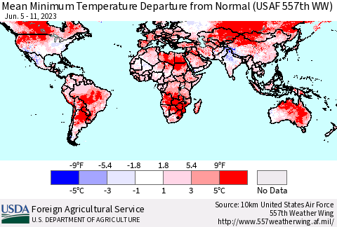 World Mean Minimum Temperature Departure from Normal (USAF 557th WW) Thematic Map For 6/5/2023 - 6/11/2023