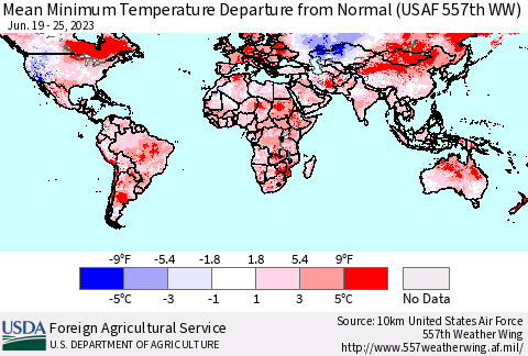 World Mean Minimum Temperature Departure from Normal (USAF 557th WW) Thematic Map For 6/19/2023 - 6/25/2023