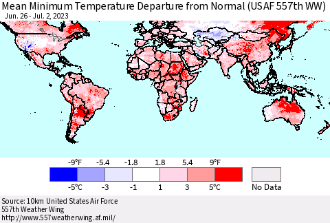 World Mean Minimum Temperature Departure from Normal (USAF 557th WW) Thematic Map For 6/26/2023 - 7/2/2023