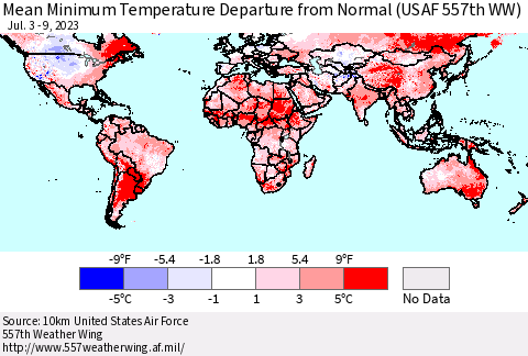 World Mean Minimum Temperature Departure from Normal (USAF 557th WW) Thematic Map For 7/3/2023 - 7/9/2023