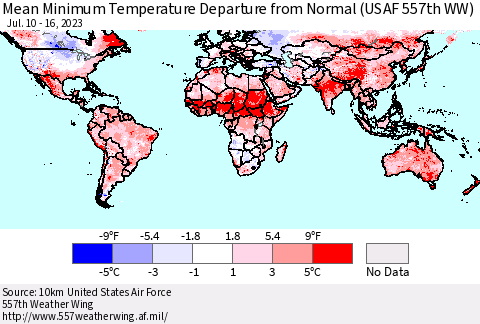 World Mean Minimum Temperature Departure from Normal (USAF 557th WW) Thematic Map For 7/10/2023 - 7/16/2023