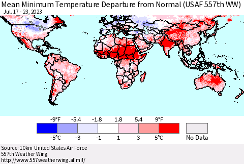 World Mean Minimum Temperature Departure from Normal (USAF 557th WW) Thematic Map For 7/17/2023 - 7/23/2023