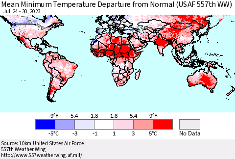 World Mean Minimum Temperature Departure from Normal (USAF 557th WW) Thematic Map For 7/24/2023 - 7/30/2023