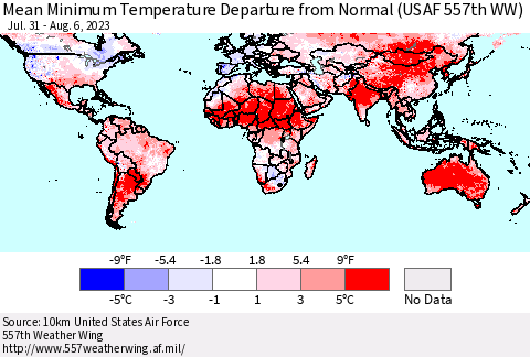 World Mean Minimum Temperature Departure from Normal (USAF 557th WW) Thematic Map For 7/31/2023 - 8/6/2023