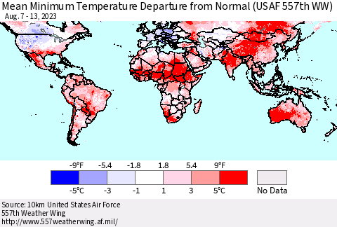 World Mean Minimum Temperature Departure from Normal (USAF 557th WW) Thematic Map For 8/7/2023 - 8/13/2023