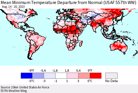 World Mean Minimum Temperature Departure from Normal (USAF 557th WW) Thematic Map For 8/14/2023 - 8/20/2023