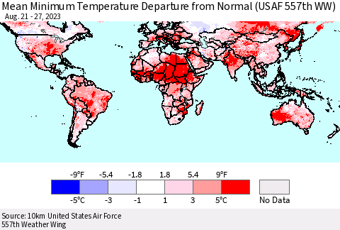 World Mean Minimum Temperature Departure from Normal (USAF 557th WW) Thematic Map For 8/21/2023 - 8/27/2023