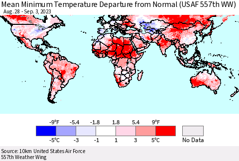 World Mean Minimum Temperature Departure from Normal (USAF 557th WW) Thematic Map For 8/28/2023 - 9/3/2023