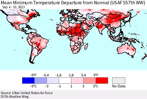 World Mean Minimum Temperature Departure from Normal (USAF 557th WW) Thematic Map For 9/4/2023 - 9/10/2023
