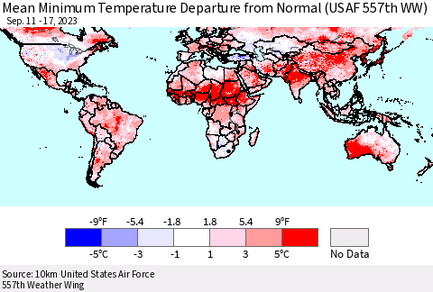 World Mean Minimum Temperature Departure from Normal (USAF 557th WW) Thematic Map For 9/11/2023 - 9/17/2023