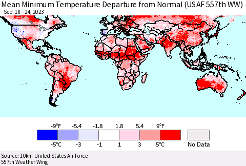 World Mean Minimum Temperature Departure from Normal (USAF 557th WW) Thematic Map For 9/18/2023 - 9/24/2023