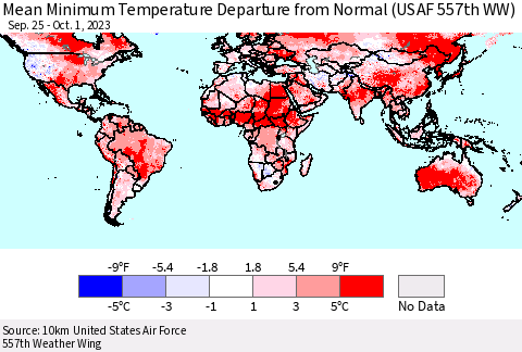 World Mean Minimum Temperature Departure from Normal (USAF 557th WW) Thematic Map For 9/25/2023 - 10/1/2023