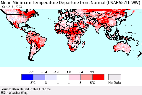 World Mean Minimum Temperature Departure from Normal (USAF 557th WW) Thematic Map For 10/2/2023 - 10/8/2023