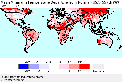 World Mean Minimum Temperature Departure from Normal (USAF 557th WW) Thematic Map For 10/9/2023 - 10/15/2023