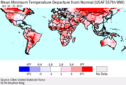 World Mean Minimum Temperature Departure from Normal (USAF 557th WW) Thematic Map For 10/16/2023 - 10/22/2023