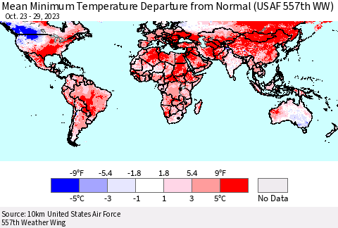 World Mean Minimum Temperature Departure from Normal (USAF 557th WW) Thematic Map For 10/23/2023 - 10/29/2023