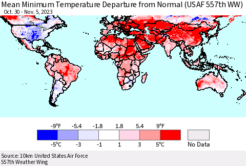 World Mean Minimum Temperature Departure from Normal (USAF 557th WW) Thematic Map For 10/30/2023 - 11/5/2023