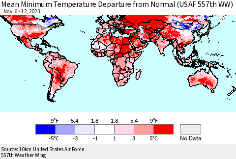 World Mean Minimum Temperature Departure from Normal (USAF 557th WW) Thematic Map For 11/6/2023 - 11/12/2023