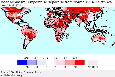 World Mean Minimum Temperature Departure from Normal (USAF 557th WW) Thematic Map For 11/13/2023 - 11/19/2023