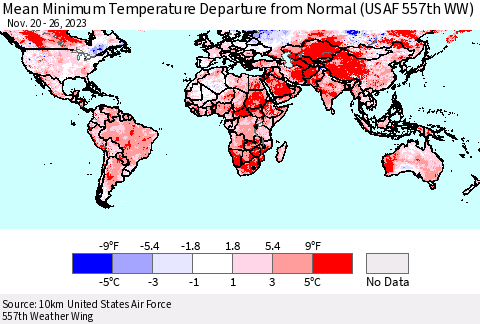 World Mean Minimum Temperature Departure from Normal (USAF 557th WW) Thematic Map For 11/20/2023 - 11/26/2023