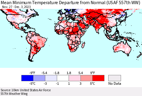 World Mean Minimum Temperature Departure from Normal (USAF 557th WW) Thematic Map For 11/27/2023 - 12/3/2023