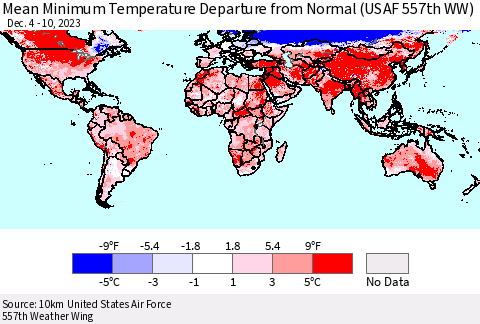 World Mean Minimum Temperature Departure from Normal (USAF 557th WW) Thematic Map For 12/4/2023 - 12/10/2023