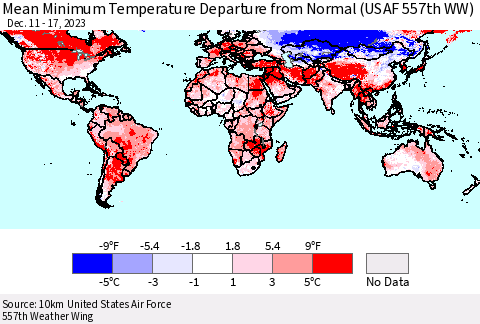 World Mean Minimum Temperature Departure from Normal (USAF 557th WW) Thematic Map For 12/11/2023 - 12/17/2023
