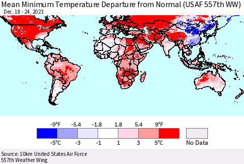 World Mean Minimum Temperature Departure from Normal (USAF 557th WW) Thematic Map For 12/18/2023 - 12/24/2023