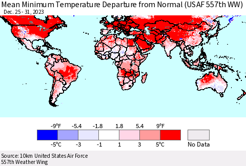 World Mean Minimum Temperature Departure from Normal (USAF 557th WW) Thematic Map For 12/25/2023 - 12/31/2023