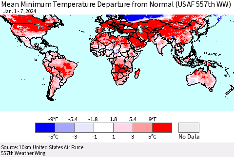 World Mean Minimum Temperature Departure from Normal (USAF 557th WW) Thematic Map For 1/1/2024 - 1/7/2024