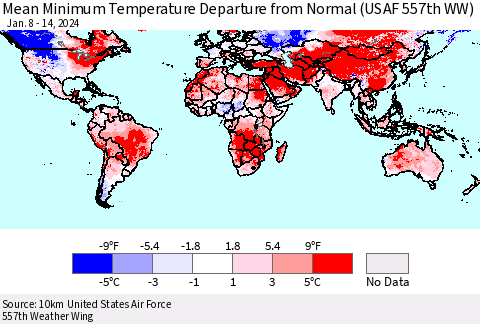 World Mean Minimum Temperature Departure from Normal (USAF 557th WW) Thematic Map For 1/8/2024 - 1/14/2024